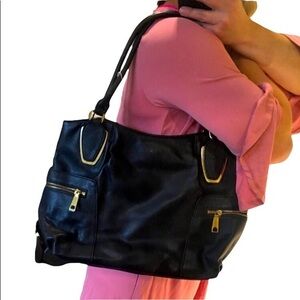 Vegan Black Leather w gold hardware shoulder bag tote